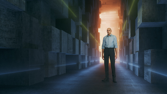 Confused man standing in futuristic corridor. 3D generated image.
