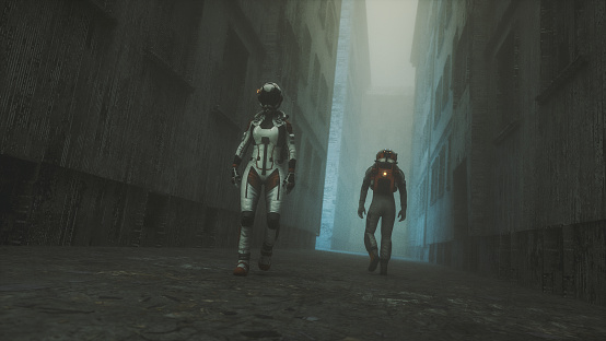 Astronauts walking in ruins of old city. 3D generated image.