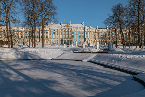 View of the Catherine Palace in the Catherine Park of Tsarskoye Selo on a sunny winter day, Pushkin, St. Petersburg, Russia