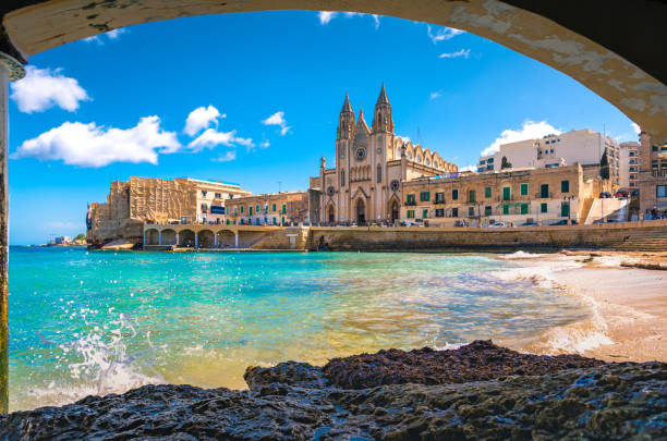 view of saint julian, malta - ilhas de malta imagens e fotografias de stock