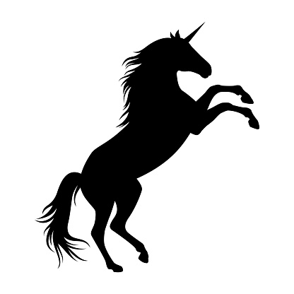 Silhouette of magical unicorn. Stylish icon, template, cut contour. Vector illustration, outline black on white, isolated.