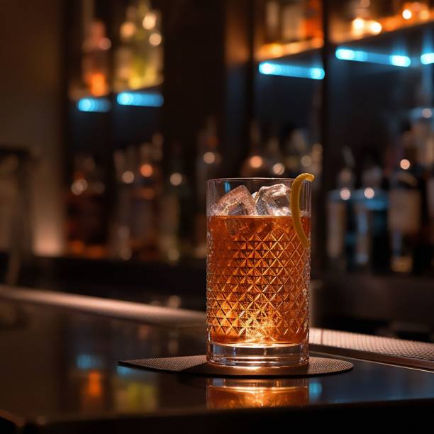 A refreshing beverage served in a clear glass cup resting on a bar countertop
