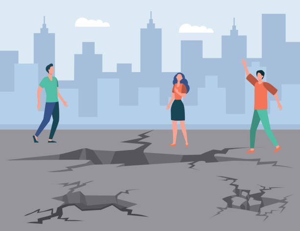 Scared people after earthquake vector illustration Scared people after earthquake vector illustration. Cracked ground or split terrain and survivors helping each other in city after catastrophe. Natural disaster, damage, destruction concept drawing of the destroyed city stock illustrations