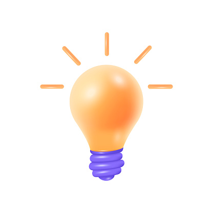 Lightbulb as symbol of new idea or creativity 3D illustration. Cartoon drawing of bulb as metaphor for inspiration or solution in 3D style on white background. Business, innovation, startup concept