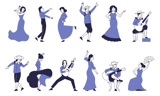 Flamenco dancers and musicians. Set of vector characters of artists.