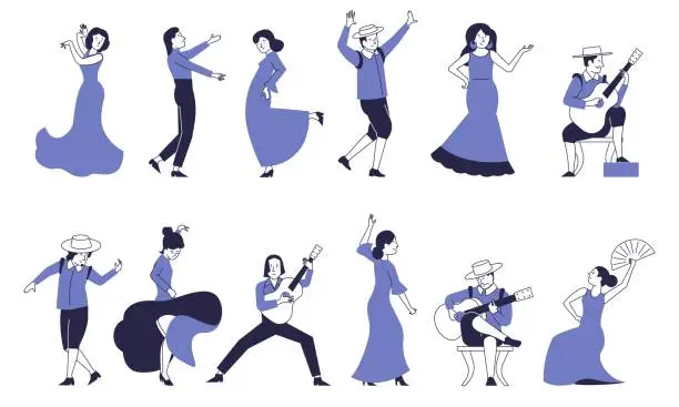 Vector illustration of Flamenco dancers and musicians. Set of vector characters of artists.