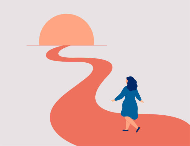 ilustrações de stock, clip art, desenhos animados e ícones de confident woman goes forward to her life goals. first step to self love and freedom. happy female person achieves dreams and realizes plans. - trail