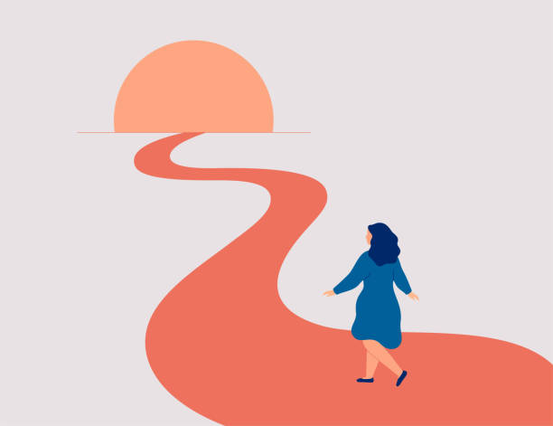 ilustrații de stoc cu femeia încrezătoare merge înainte la obiectivele ei de viață. primul pas spre iubirea de sine și libertate. persoana de sex feminin fericită realizează vise și realizează planuri. - drum cu o singură bandă