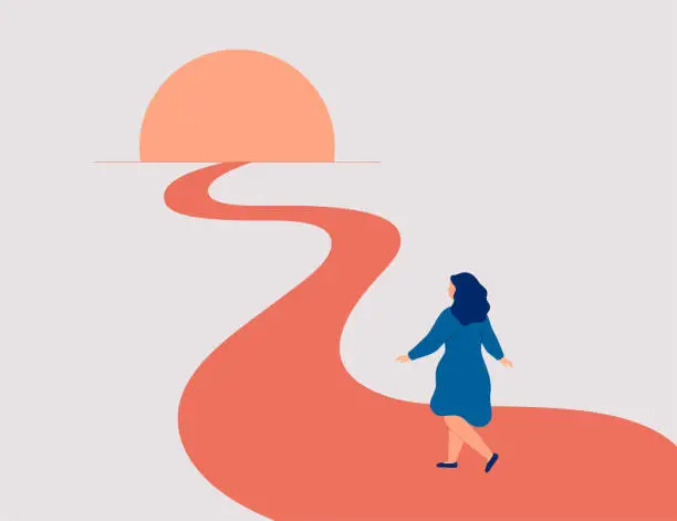 Vector illustration of Confident woman goes forward to her life goals. First step to self love and freedom. Happy female person achieves dreams and realizes plans.