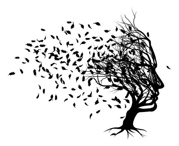 optische täuschung baumgesicht mit wehenden blättern - contemplation silhouette tree men stock-grafiken, -clipart, -cartoons und -symbole
