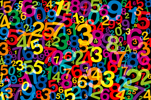 Jumbled colorful numbers, over black. Twisted, randomly distributed numerals from one to zero and of different sizes and angles, in rainbow colors. Symbol image for numerology or a lot of data. Vector