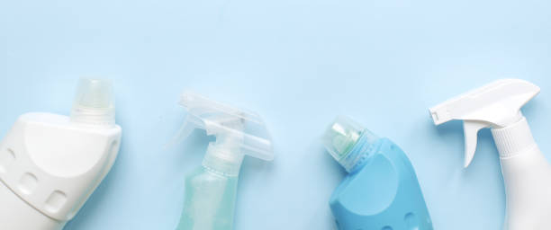 istock Flat lay cleaning supplies on a blue background. Cleaning. Purity. 1487123004
