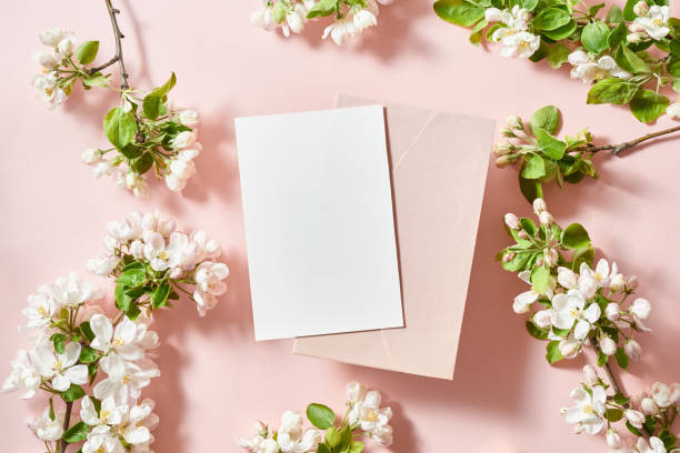 istock Mockup invitation or blank greeting card and envelope with spring flowers on a pink background 1487128362