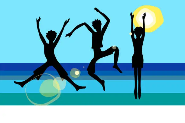 Vector illustration of Group of jumping people on the sea background. Summer vacation concept. Vector illustration.