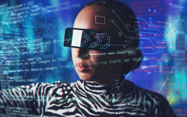 istock Metaverse, woman and augmented reality glasses with  overlay for digital transformation dashboard. Person face with vr tech for hologram in cyber and 3d world for big data, ux and futuristic coding 1487131032