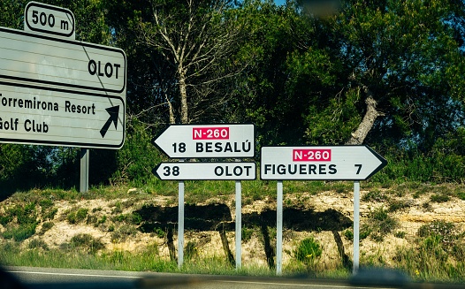 Barcelona road signs showing distances to Besalu, Olot and Figueres