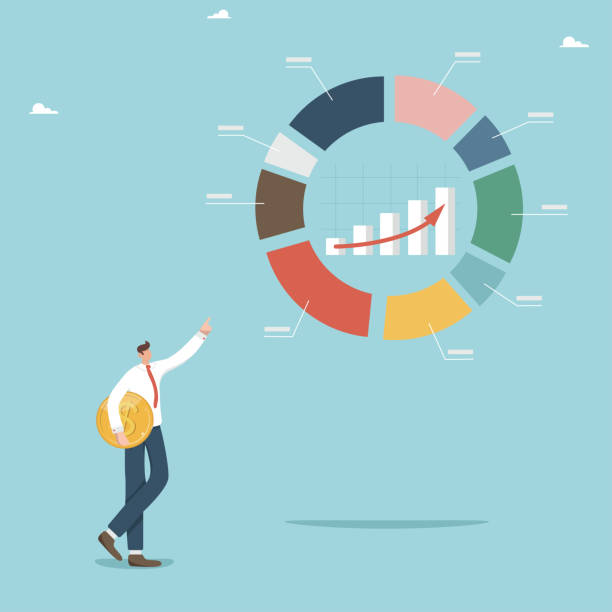 Man with a coin near a pie chart Profit share in business, marketing research or market distribution analysis, investment and financial growth, percentage or percentage of ownership of company assets, man with a coin near a pie chart biddinghuizen stock illustrations