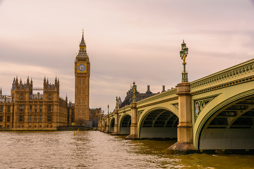 Westminster Bridge, and Big Ben at sunset in spring.