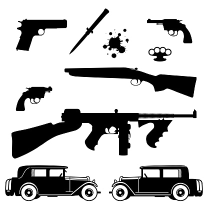 Weapons of italian mafia set. 1920 - 1930 years crime related icons of weapons. Brass knuckles, stiletto, revolver, pistol, sawed off shotgun, submachine gun and cars. Flat design elements.