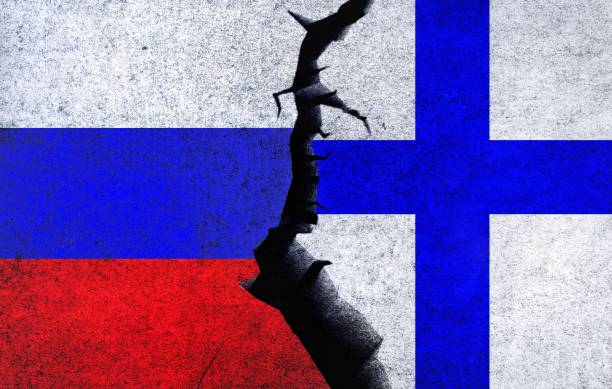 Russia and Finland flag together. Finland Russia conflicts Russia vs Finland concept flags on a cracked wall. Finland and Russia political conflict, war crisis, economy relationship, trade concept finland stock illustrations