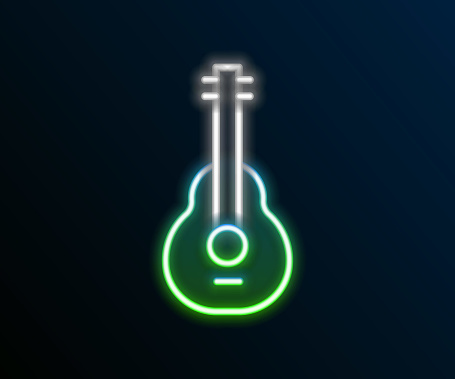 Glowing neon line Mexican guitar icon isolated on black background. Acoustic guitar. String musical instrument. Colorful outline concept. Vector.
