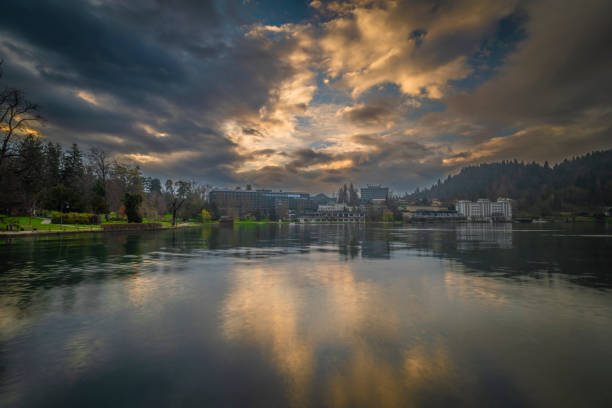 Lake in Bled town in spring morning in Slovenia stock photo