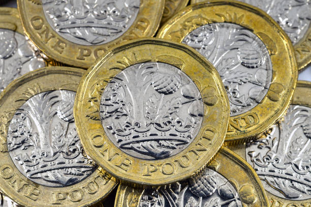 istock Close up view of British one pound coins 1487140940