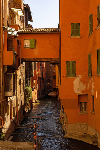 Bologna, Italy 04 16 2023 - view into the hidden canal in Bologna