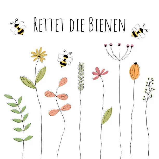 Vector illustration of Save the bees. Text in German language. Call for species protection of bees and supporting biodiversity. Poster with lovely drawn bees and flowers.