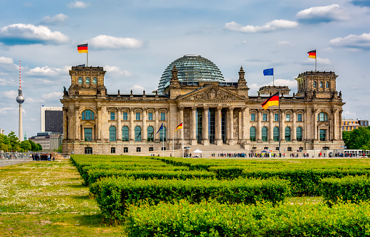 Reichstag building (Bundestag - parliament of Germany) in Berlin with inscription for German people