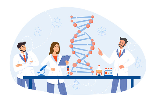 People study DNA. Doctors, men and woman in medical gowns study structure of cell. Chemical research in laboratory. Scientists develop drugs and medicines. Cartoon flat vector illustration