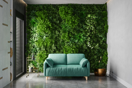 Green Living Room With Turquoise Color Sofa, Vertical Garden And Tiled Floor. 3D Rendering