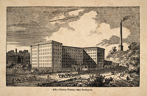 Vintage illustration, Cotton Factory near Stockport an industrial town in Greater Manchester, History of the textile industry, Industrial revolution, Victorian 19th Century, 1850s