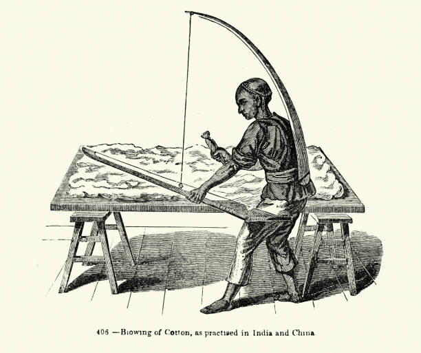 Vintage illustration, Man processing of cotton as practised in India and China, History of the textile industry, Victorian 19th Century, 1850s