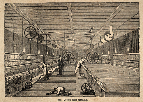 Vintage illustration, People working in a Cotton Factory, Mule spinning, History of the textile industry, Industrial revolution, Victorian 19th Century, 1850s