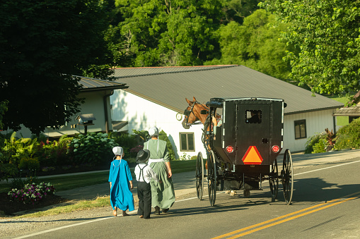 Millersburg, Ohio - July 01, 2022: An Amish mother and her children walk alongside an Amish buggy on a road in Ohio.