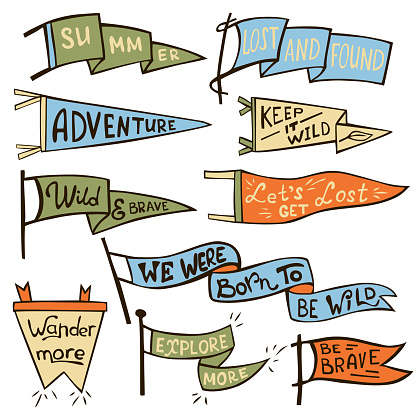 Set of adventure, outdoors, camping colorful pennants. Retro vector monochrome labels. Hand drawn wanderlust style. Pennant travel flags design
