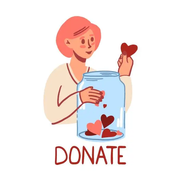 Vector illustration of The concept of donation. A woman with a donation jar. Fundraising. Donate help.