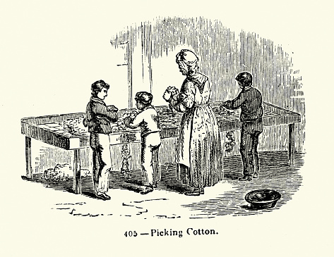 Vintage illustration, Woman and children working in a mill picking cotton, History of the textile industry, Victorian 19th Century, 1850s