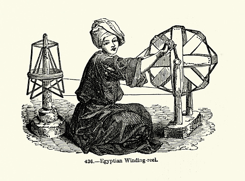 Vintage illustration, Woman using an Egyptian winding reel, History of the textile industry, Victorian 19th Century, 1850s
