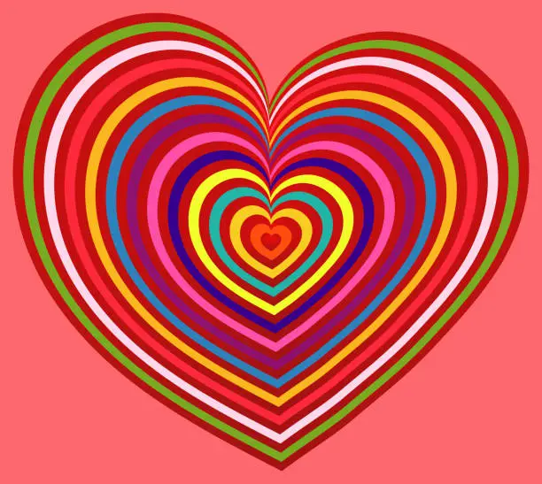 Vector illustration of A colorful heart on a red background.