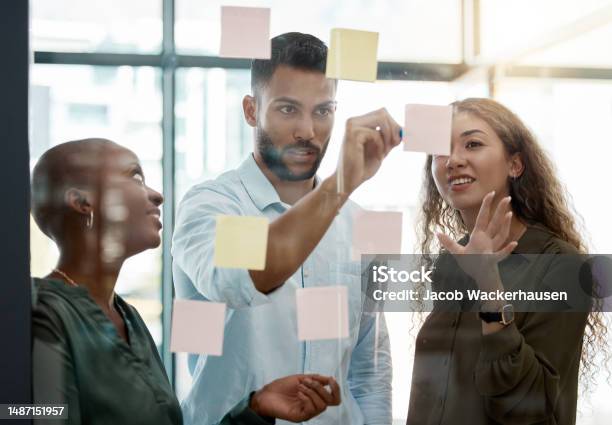 Team Strategy Meeting On Research Post It On Glass Wall And Group Work Planning Together Business People Brainstorming Analytics Vision Think Tank Ideas Collaboration Thinking And Sticky Notes Stock Photo - Download Image Now