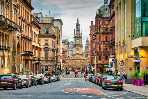 George Street with St George's Tron Church of Scotland in downtown Glasgow, Scotland.