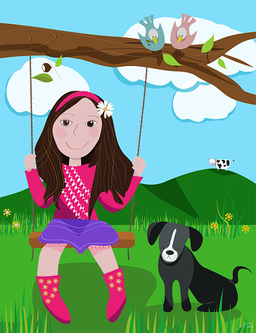 Happy girl swinging in the field next to her black dog. The swing is on the branch of a tree. On the branch there is a couple of birds that watch how the girl is having fun. In the background you can see a cow that is on one of the two hills. The sky is very blue. She dresses in magenta and walks with water boots.