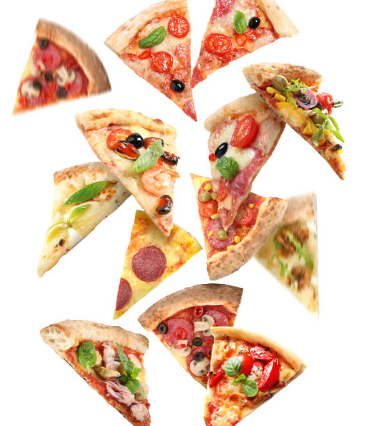 istock Flying slices of different pizzas on white background 1487153689
