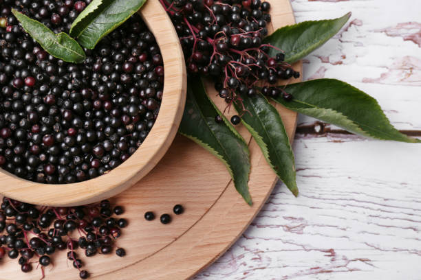 istock Tasty elderberries (Sambucus) on white wooden table, top view 1487154040
