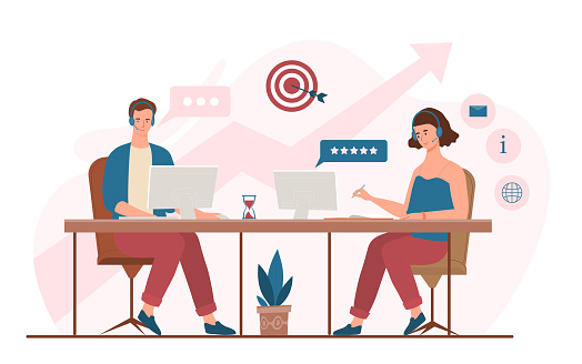 Online help concept. Man and woman sitting at computers against backdrop of ascending arrows. Consultant and assistant. Feedback and answers to questions, hot line. Cartoon flat vector illustration