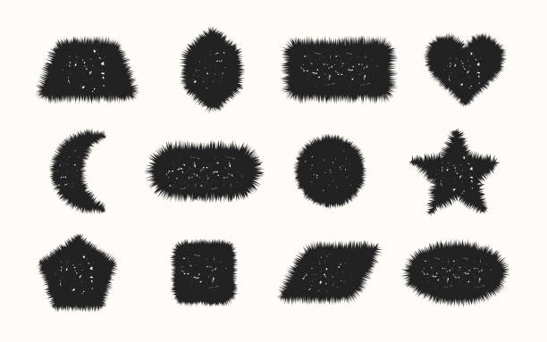 Black fluffy different geometrical shapes with rough sides and texture icons set on light pink Black fluffy different geometrical shapes with rough sides and texture icons set on light pink background trapezoid-shape-silhouette stock illustrations