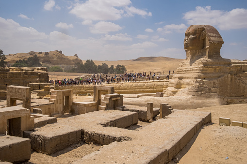 Cairo, Egypt - April 29, 2023: Sphinx and Valley Temple of Khafre, in Giza.