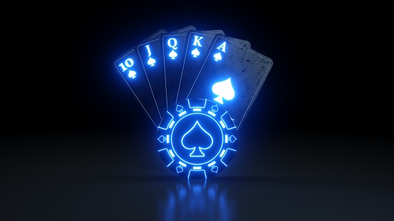 Poker Cards With Blue Neon Lights, Isolated On The Black Background, The royal flush consists of a king, queen, jack, ace and ten of a suit. unbeatable hand, ace-high straight flush, TJQKA (all spades)